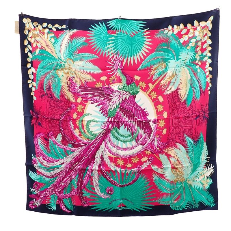 Hermes Carre 90 Mythiques Phoenix Scarf Silk Pink Green Multicolor Interior