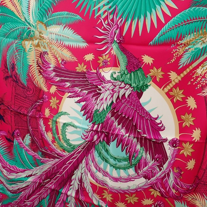 Hermes Carre 90 Mythiques Phoenix Scarf Silk Pink Green Multicolor Interior