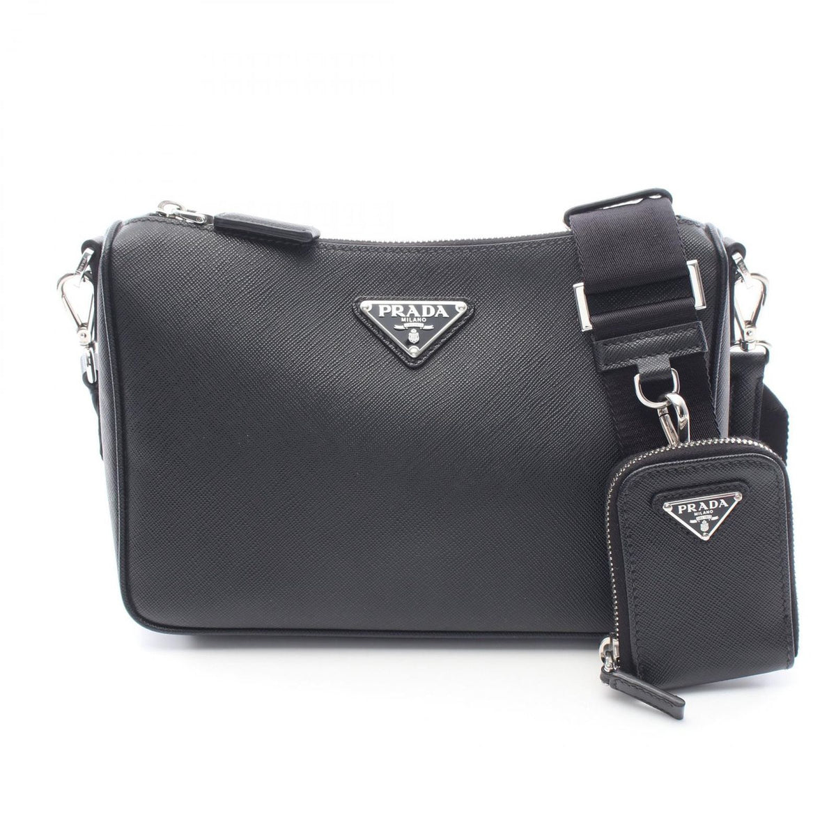 Prada Shoulder Bag Saffiano Travel Black Leather Triangle Logo