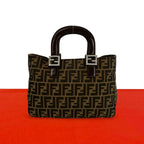Fendi Vintage Zucca FF Logo Canvas Leather Handbag Mini Tote Brown