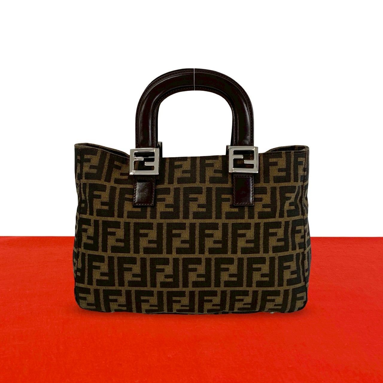 Fendi Vintage Zucca FF Logo Canvas Leather Handbag Mini Tote Brown