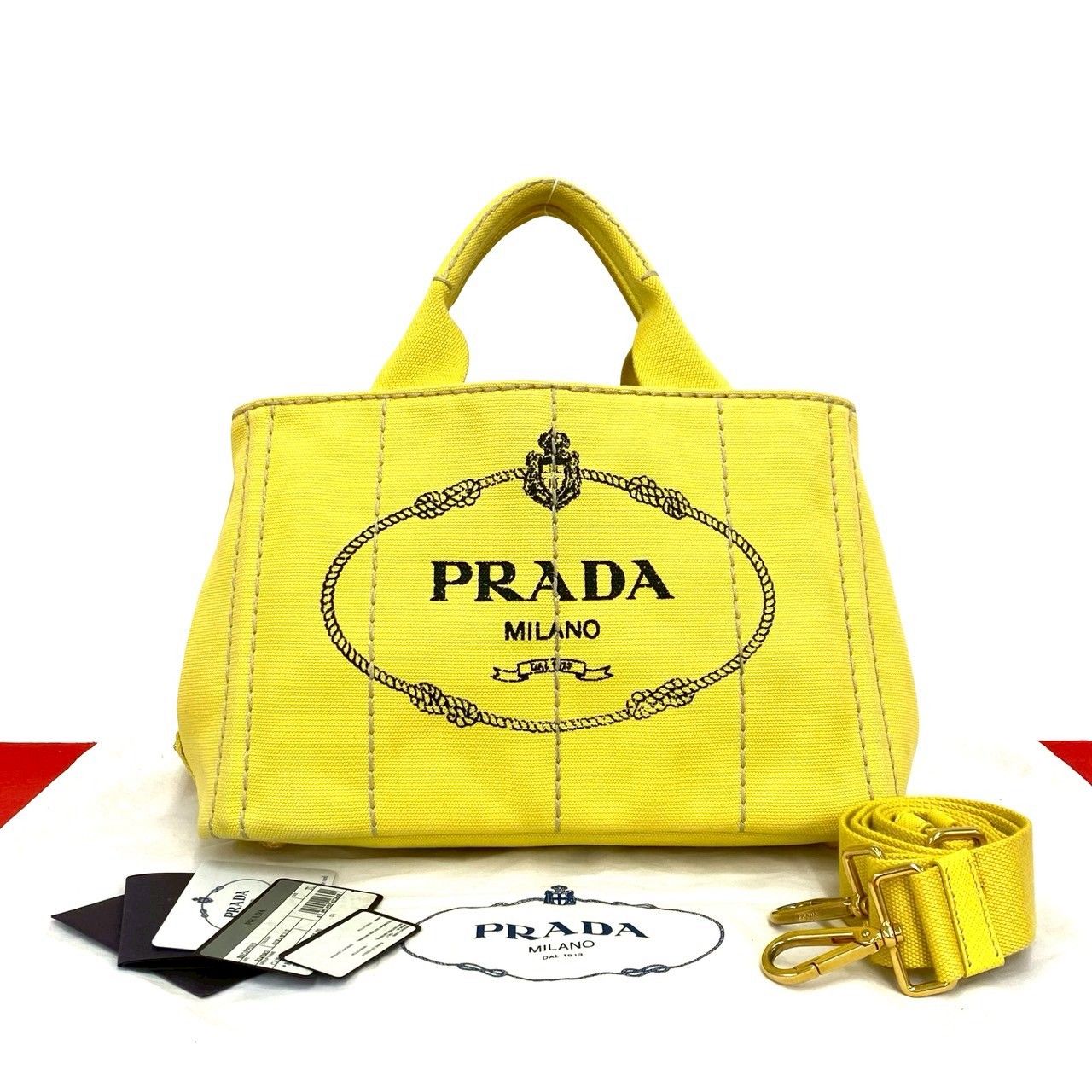 Prada Canapa 2-Way Logo Canvas Shoulder Bag Mini Tote Yellow