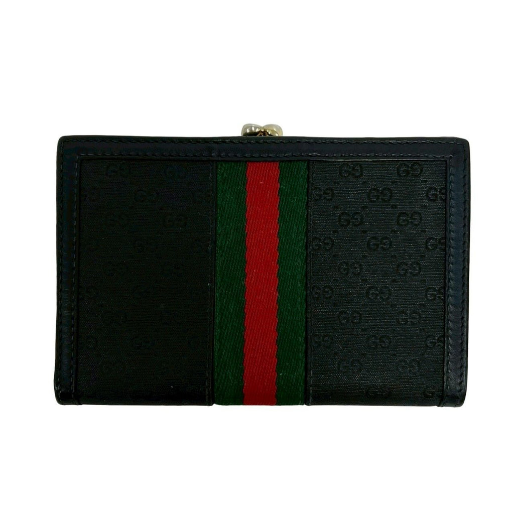 Gucci Vintage Sherry Line Micro GG Logo Leather Clasp Bifold Wallet Black — view 2