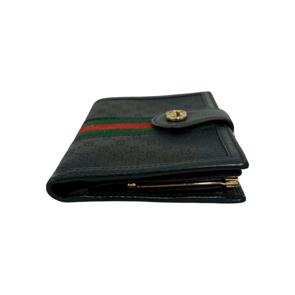 Gucci Vintage Sherry Line Micro GG Logo Leather Clasp Bifold Wallet Black — view 5
