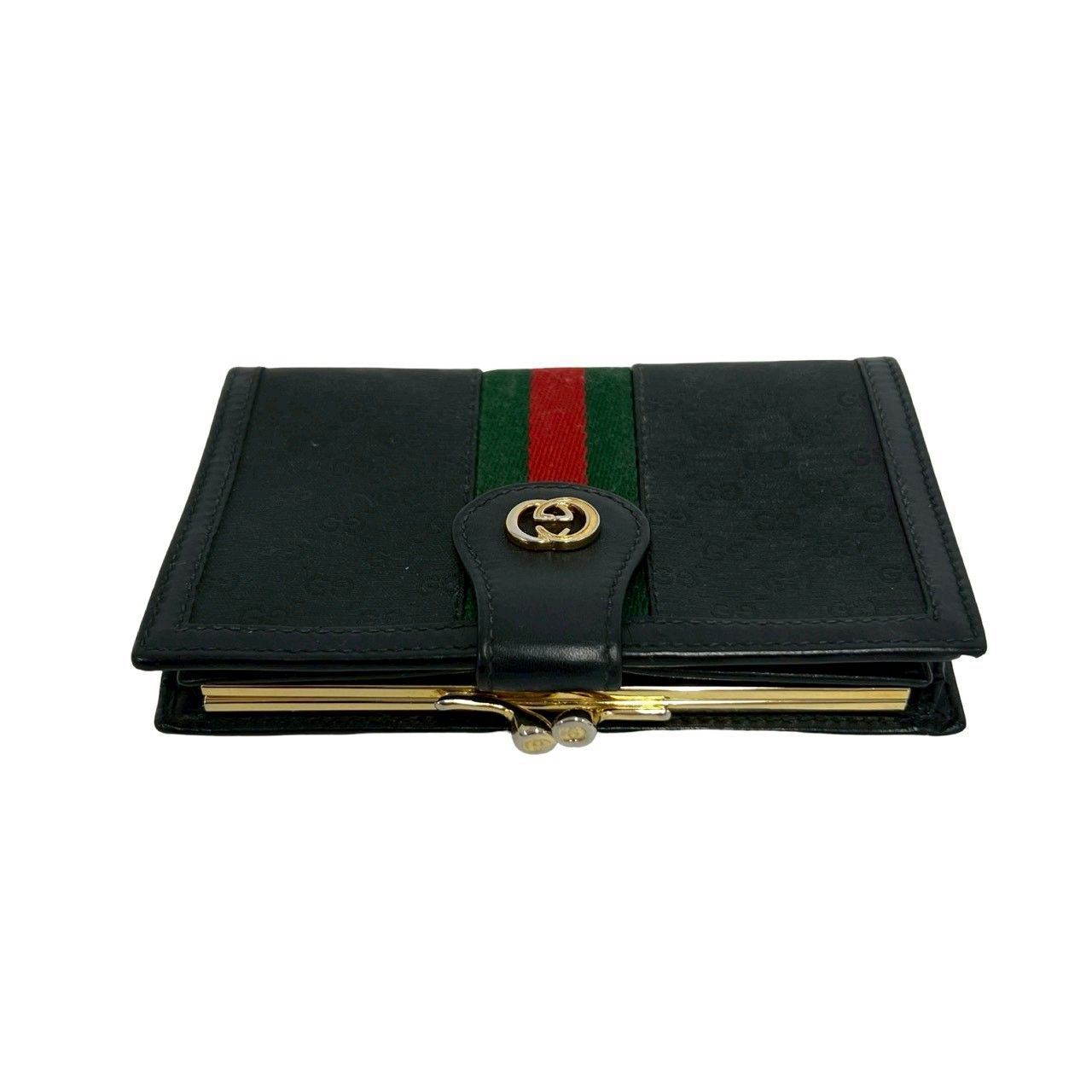 Gucci Vintage Sherry Line Micro GG Logo Leather Clasp Bifold Wallet Black — view 3