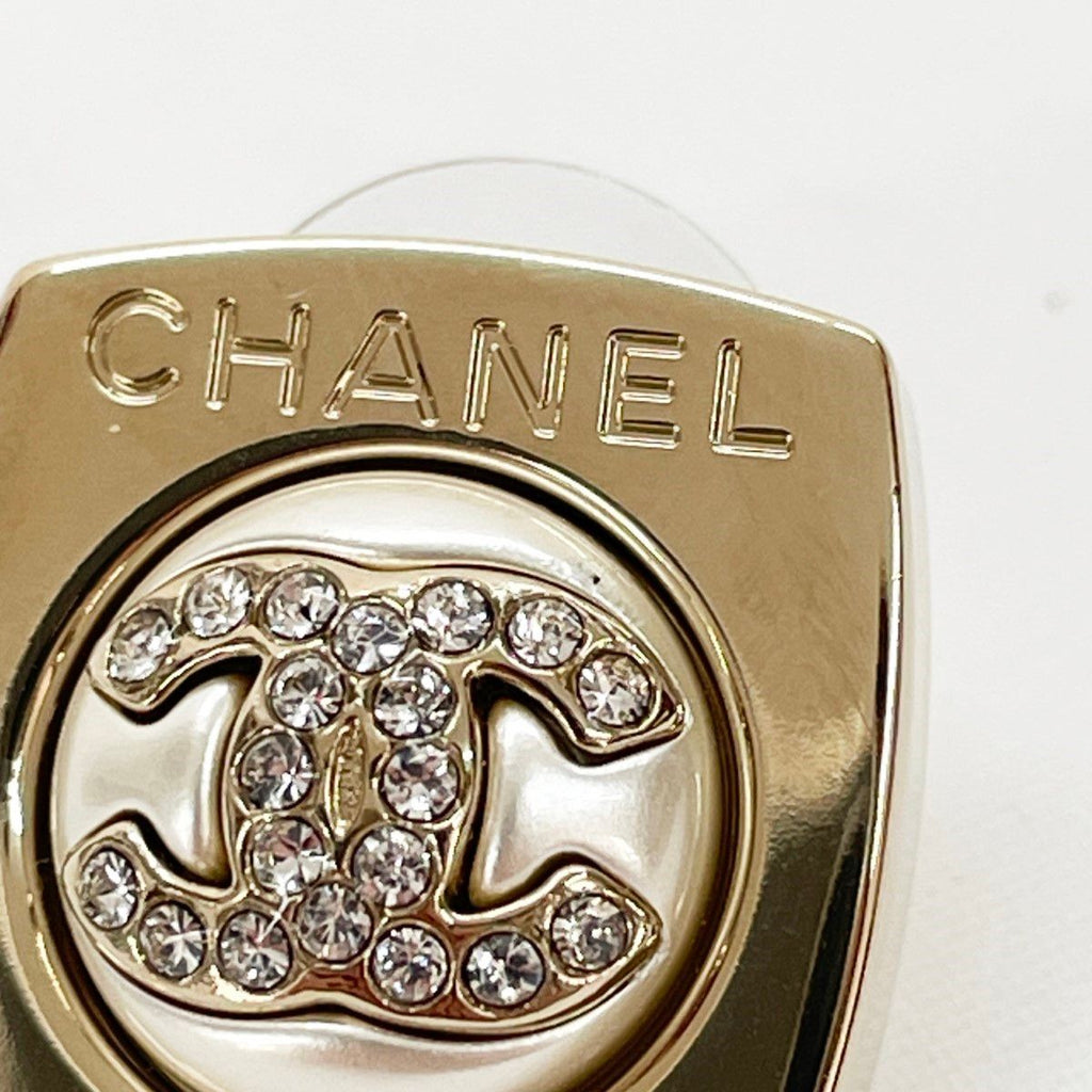 Chanel Earrings CC Logo Square Rhinestone Faux Pearl Champagne Gold — view 7