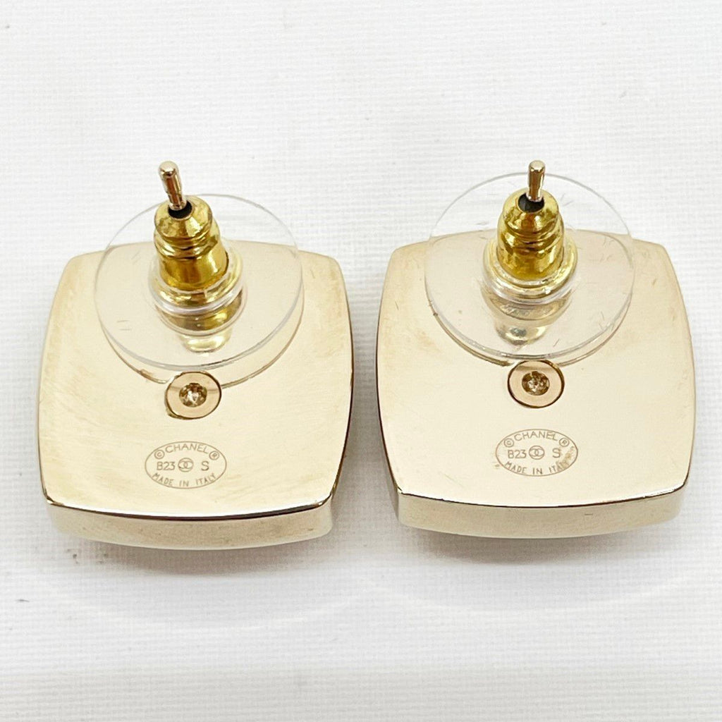 Chanel Earrings CC Logo Square Rhinestone Faux Pearl Champagne Gold — view 2