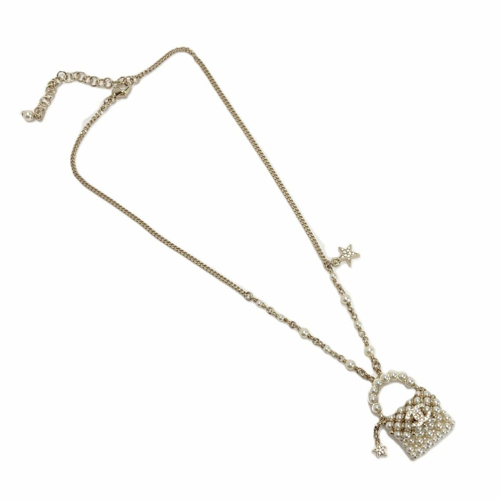 Chanel CC Logo Quilted Necklace Gold White Rhinestone Faux Pearl — view 3