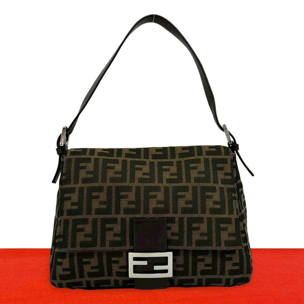 Fendi Mamma Bucket Zucca FF Logo Pattern Canvas Leather Shoulder Bag Brown