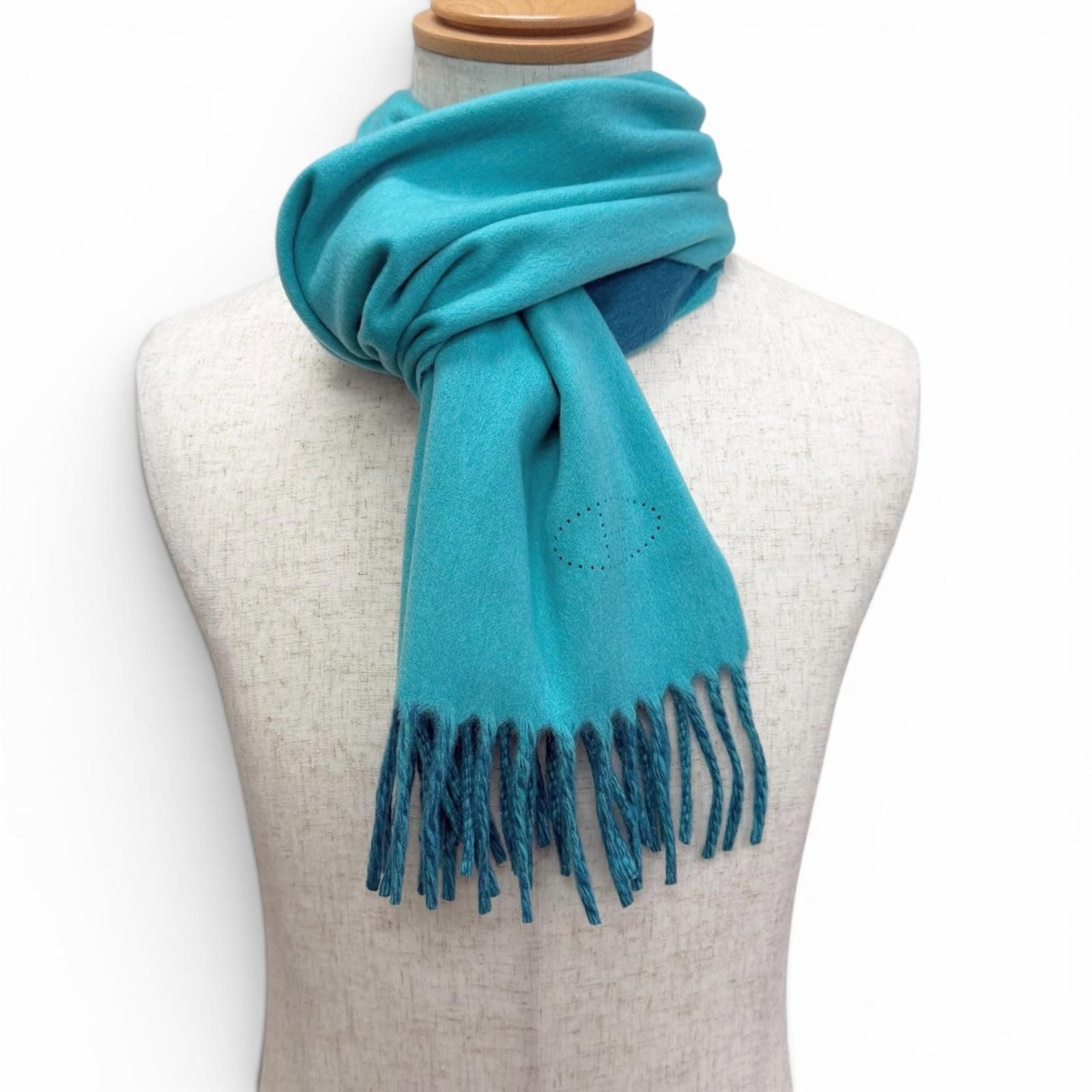 Hermes Cashmere Perforated Logo Fringe Scarf Shawl Turquoise Blue — view 2
