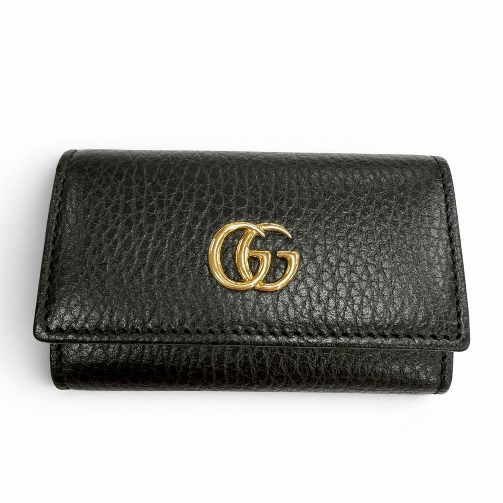 Gucci Leather Double 6 Row Key Case Black Gold Key Holder