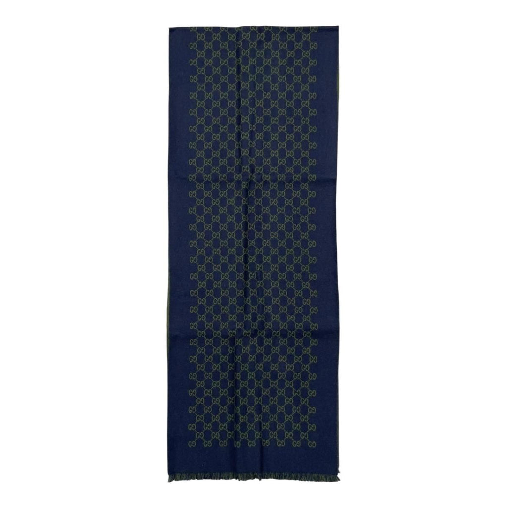 Gucci Shawl GG Pattern Scarf Wool Logo Bicolor Navy Blue Green — view 3