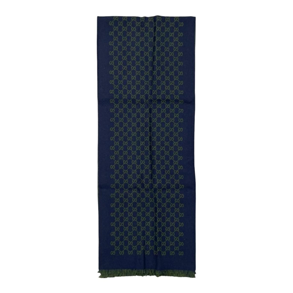 Gucci Shawl GG Pattern Scarf Wool Logo Bicolor Navy Blue Green — view 4