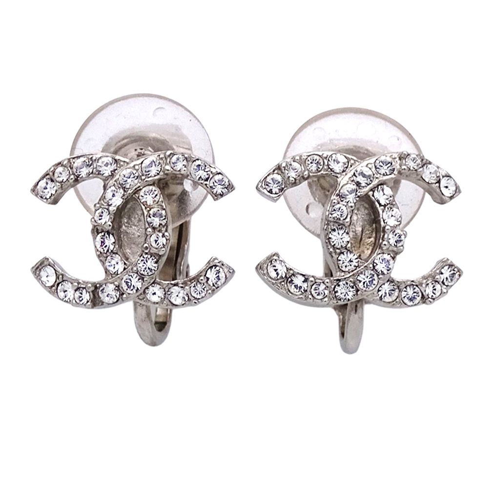 Chanel Earrings CC Logo Rhinestone Silver Simple
