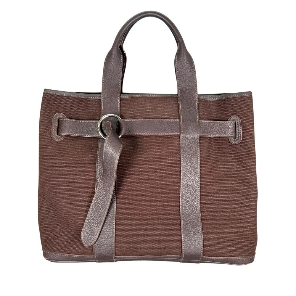 Hermes Tote Petite Ceinture MM Business Canvas Leather Brown Silver