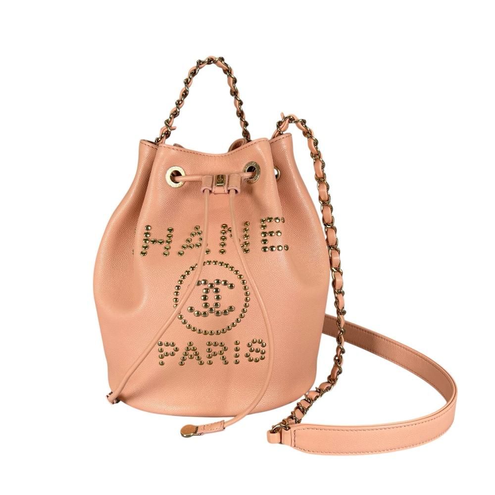 Chanel Shoulder Bag Deauville Studded Logo Gold Crossbody Pink
