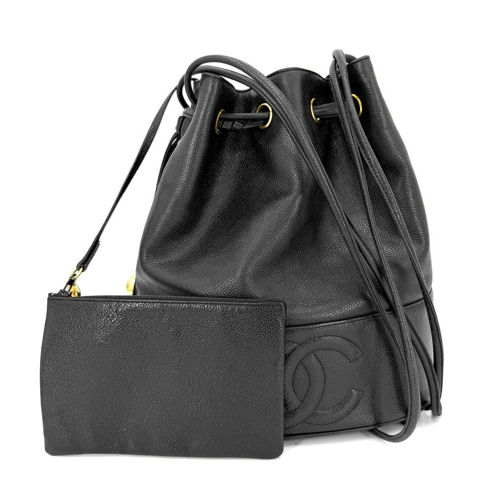 Chanel Handbag CC Logo Drawstring Bag Coco Charm Shoulder Caviar Leather Black