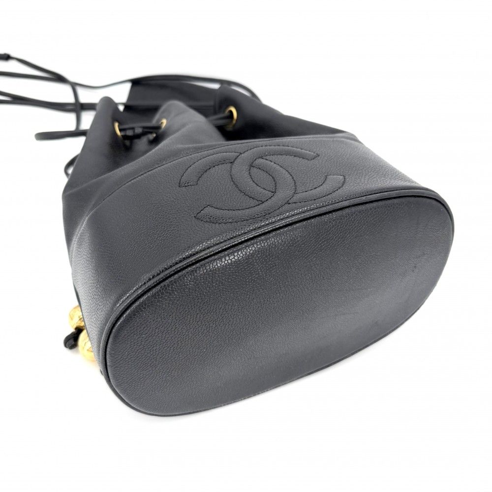 Chanel Handbag CC Logo Drawstring Bag Coco Charm Shoulder Caviar Leather Black — view 3