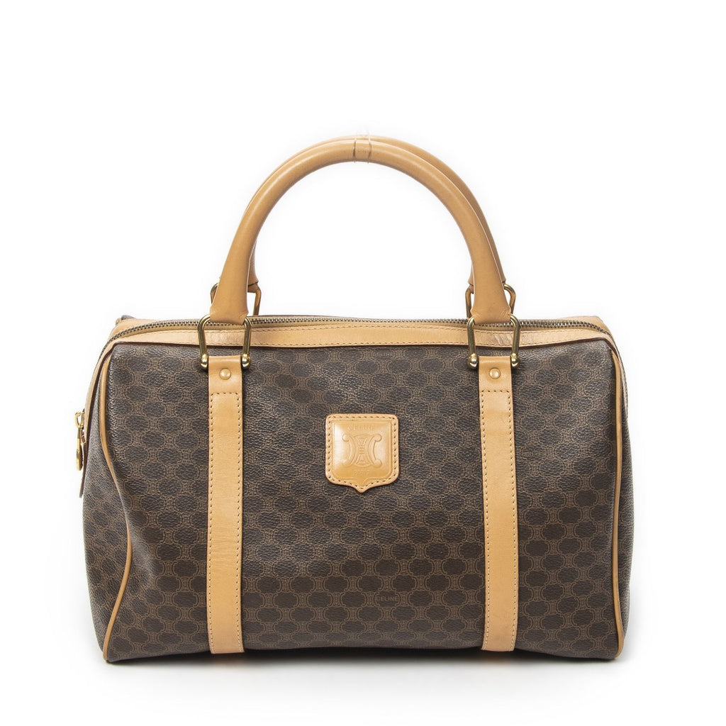 Celine Vintage Small Boston Brown Beige Macadam Canvas Shoulder