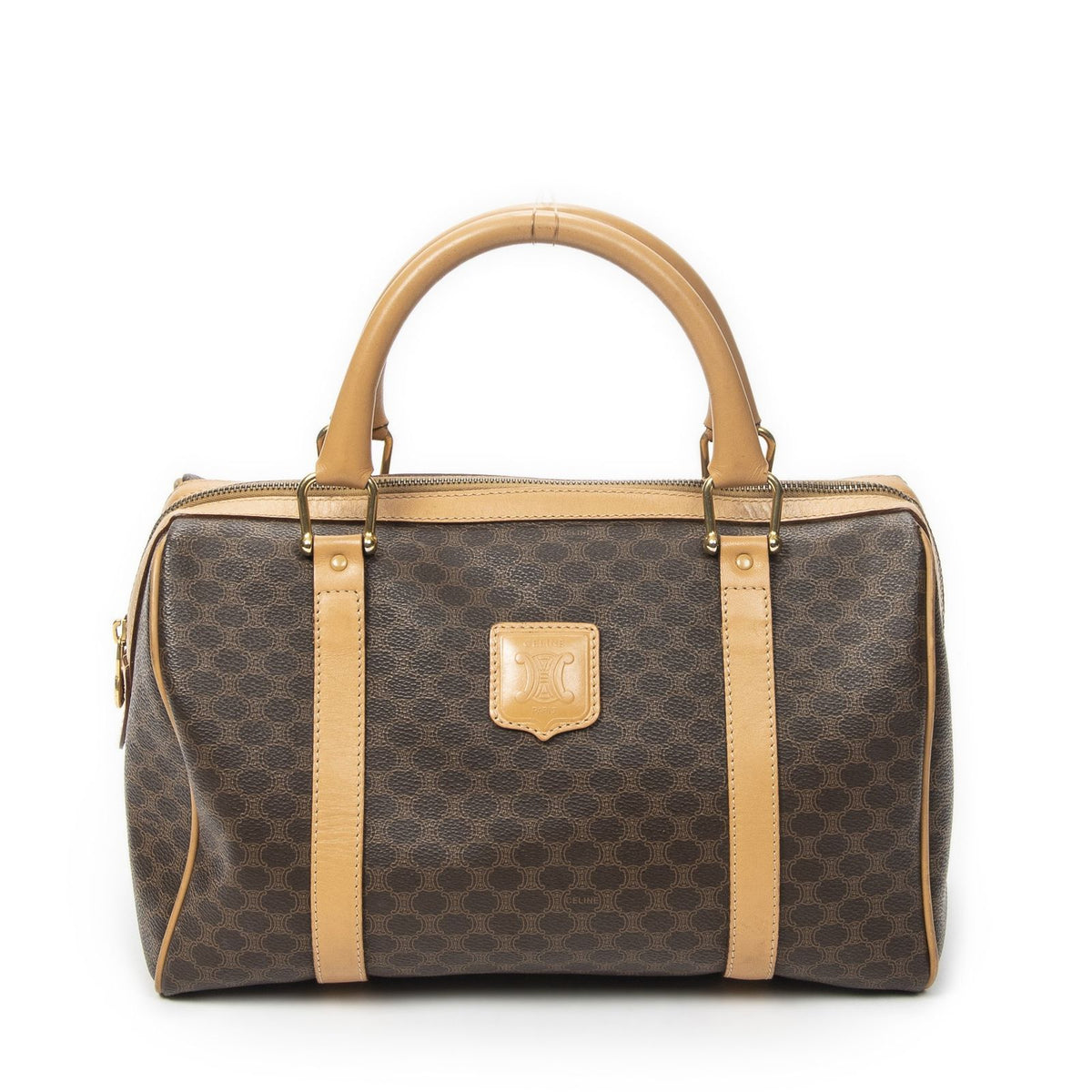 Celine Vintage Small Boston Brown Beige Macadam Canvas Shoulder