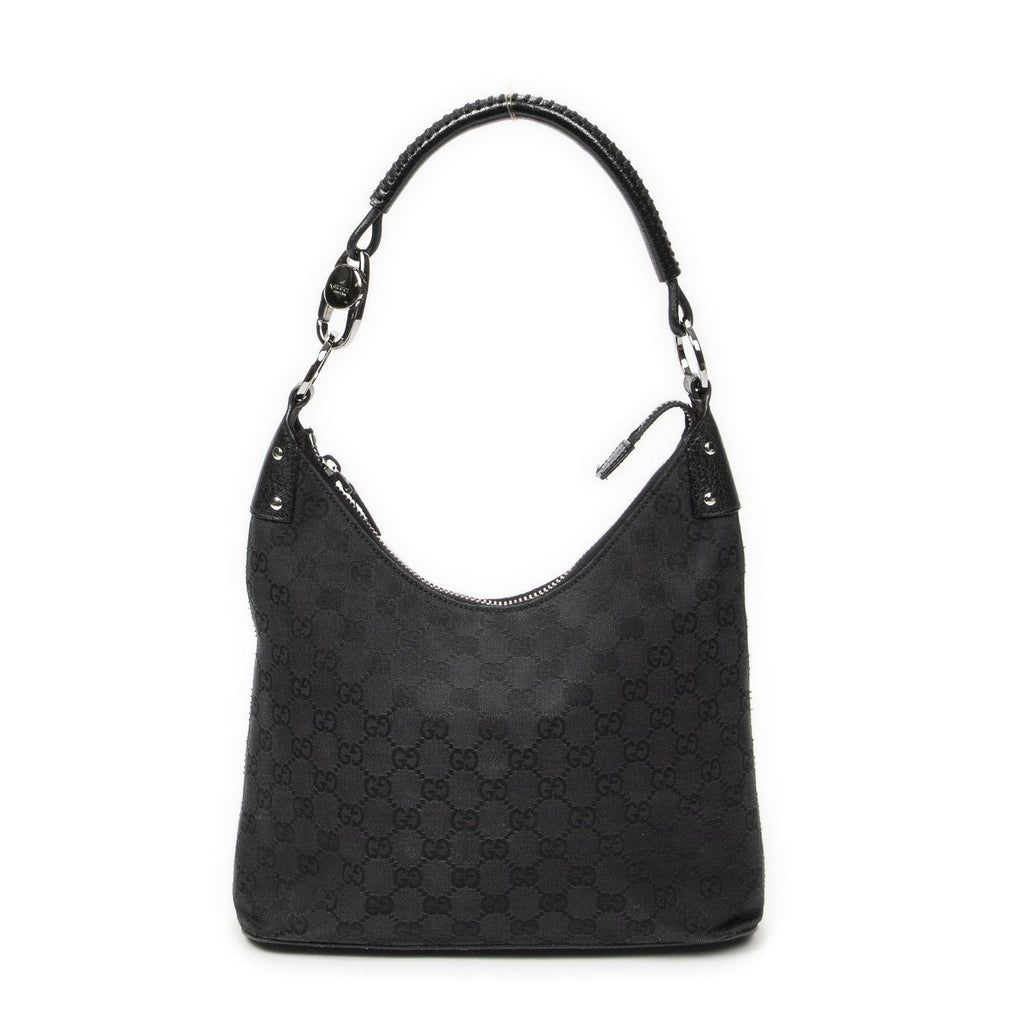 Gucci Ring Handle Zip Hobo Black GG Canvas