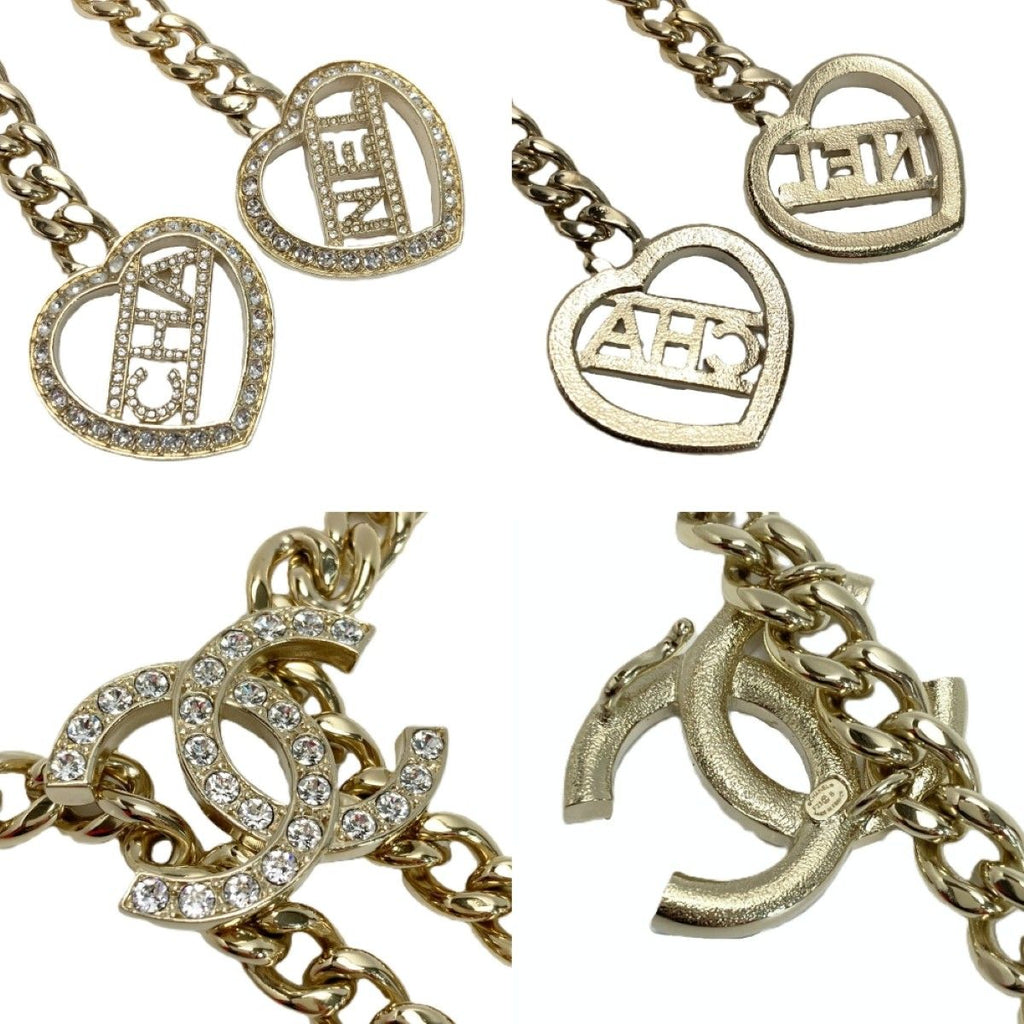Chanel CC Logo Heart Chain Thailand Gold Rhinestone Necklace — view 5