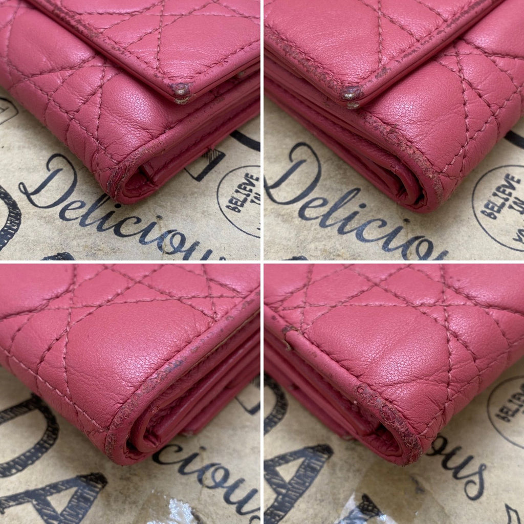 Dior Trifold Wallet Cannage Pink Coin Card Billfold Compact — view 7