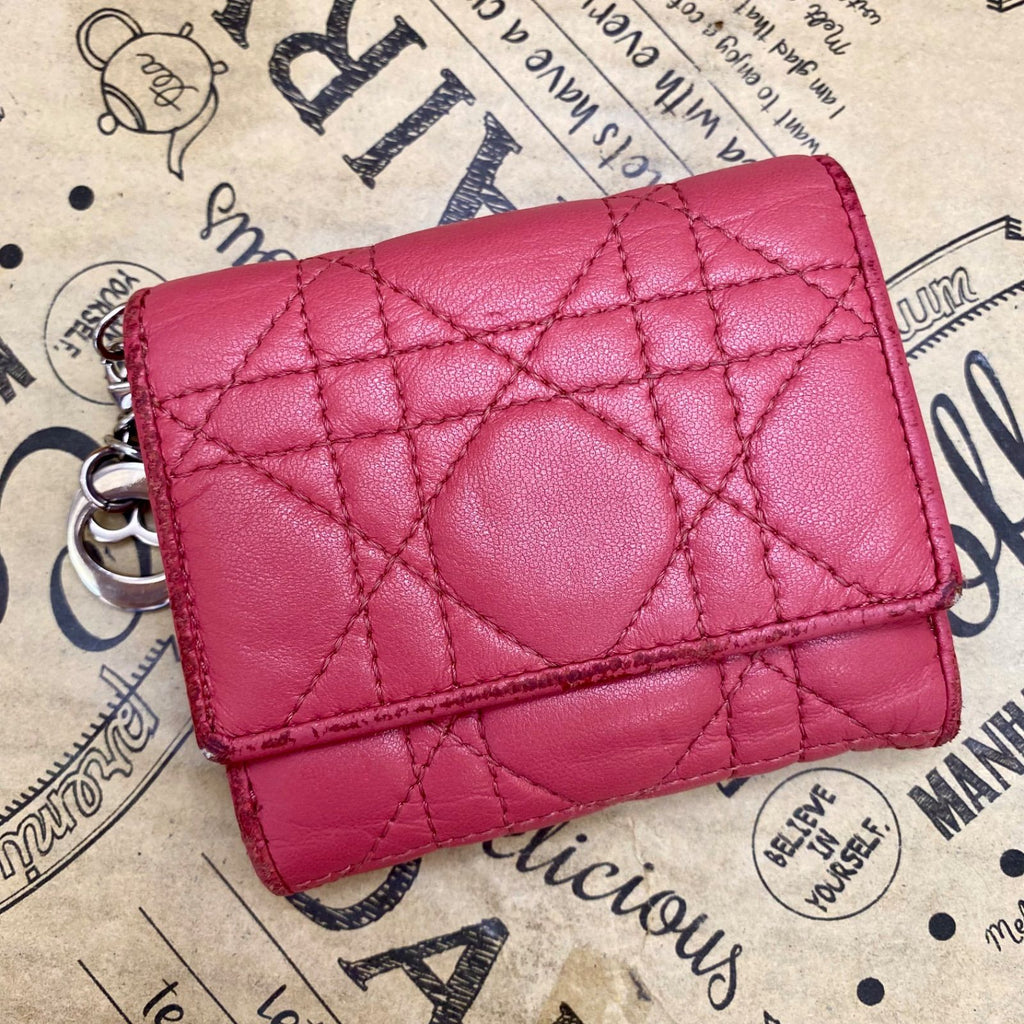 Dior Trifold Wallet Cannage Pink Coin Card Billfold Compact — view 3