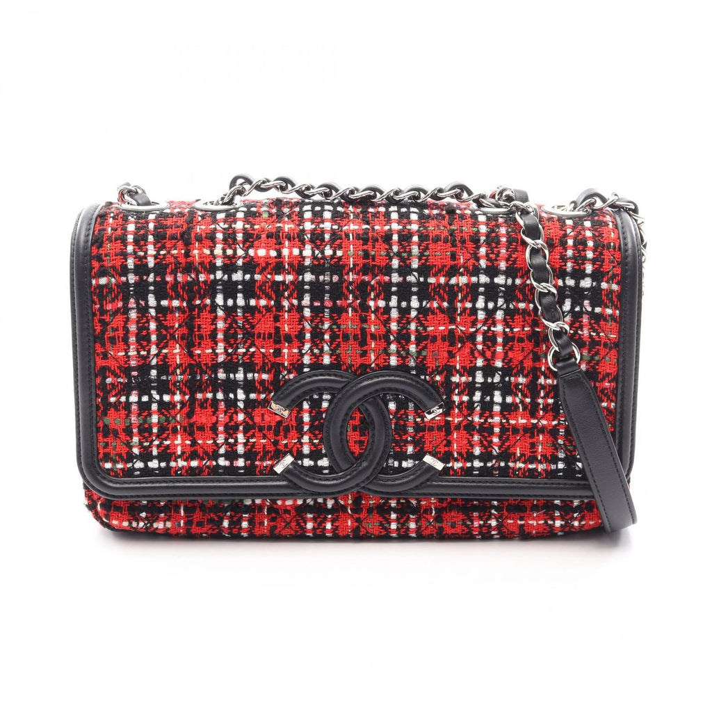 Chanel Shoulder Bag CC Filigree Red Black Fabric Leather CC Quilted Chain