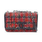 Chanel Shoulder Bag CC Filigree Red Black Fabric Leather CC Quilted Chain