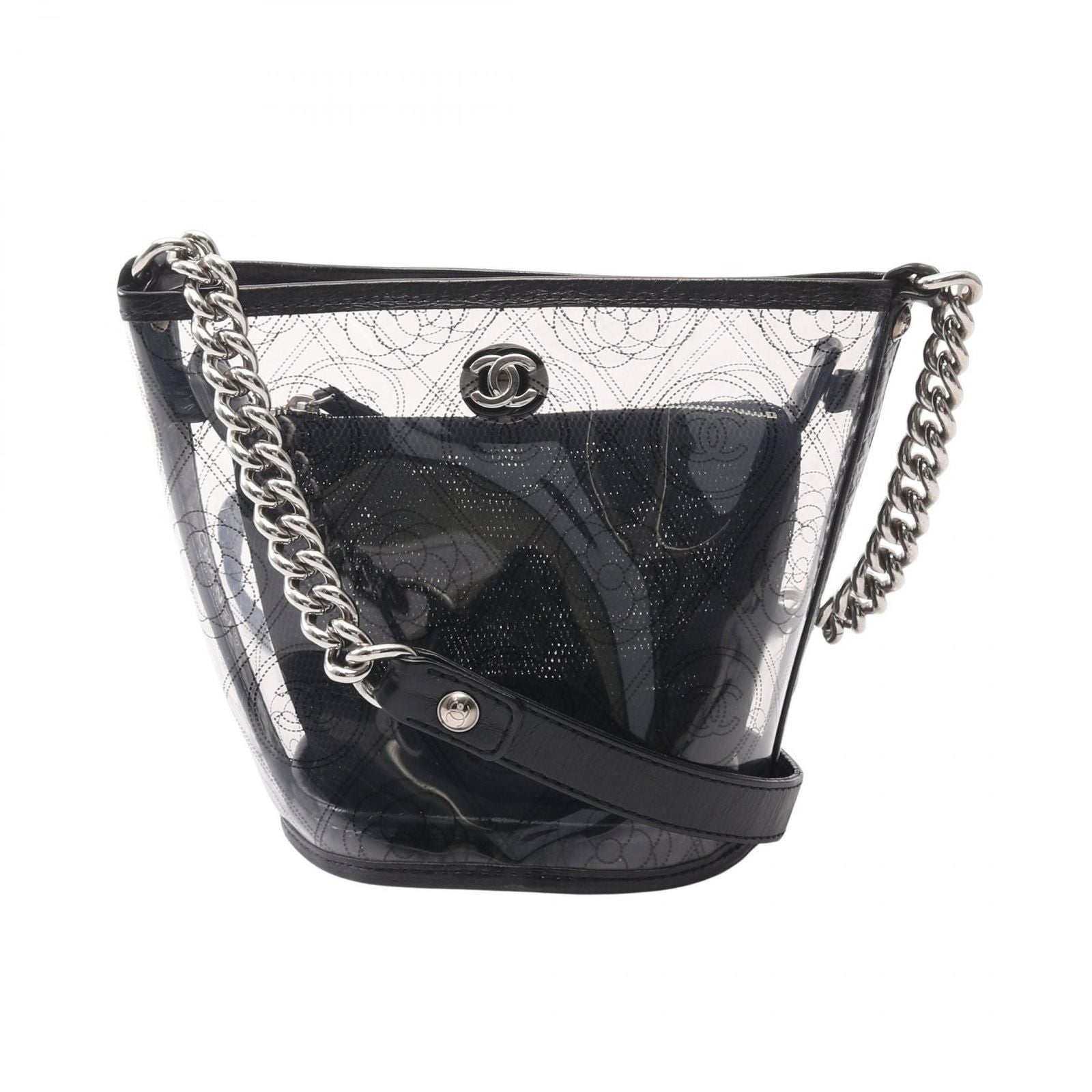 Chanel Shoulder Bag Camellia Clear Black Vinyl Leather CC Logo Chain