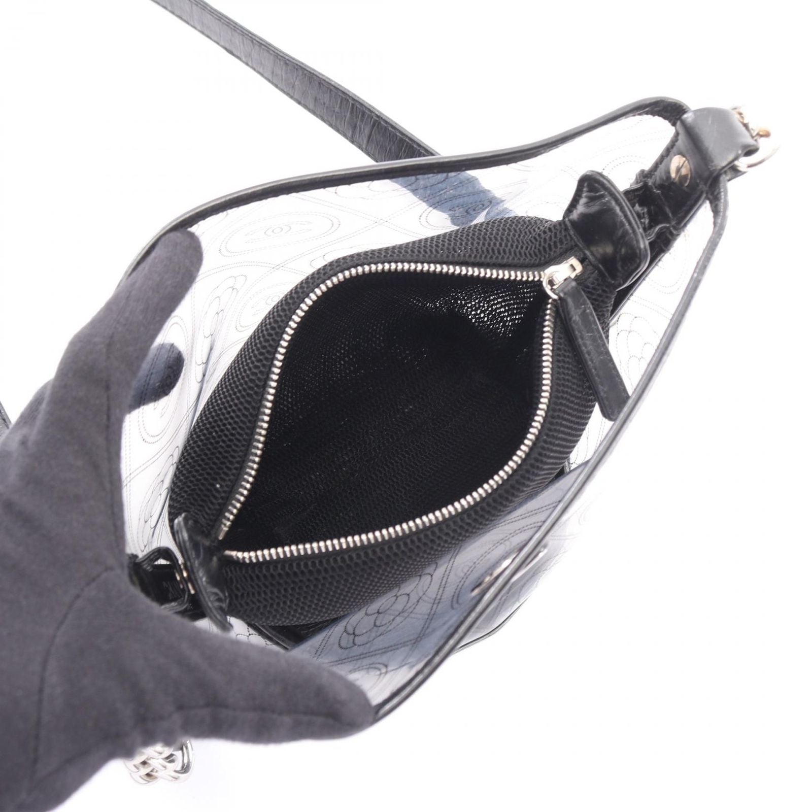 Chanel Shoulder Bag Camellia Clear Black Vinyl Leather CC Logo Chain — view 3
