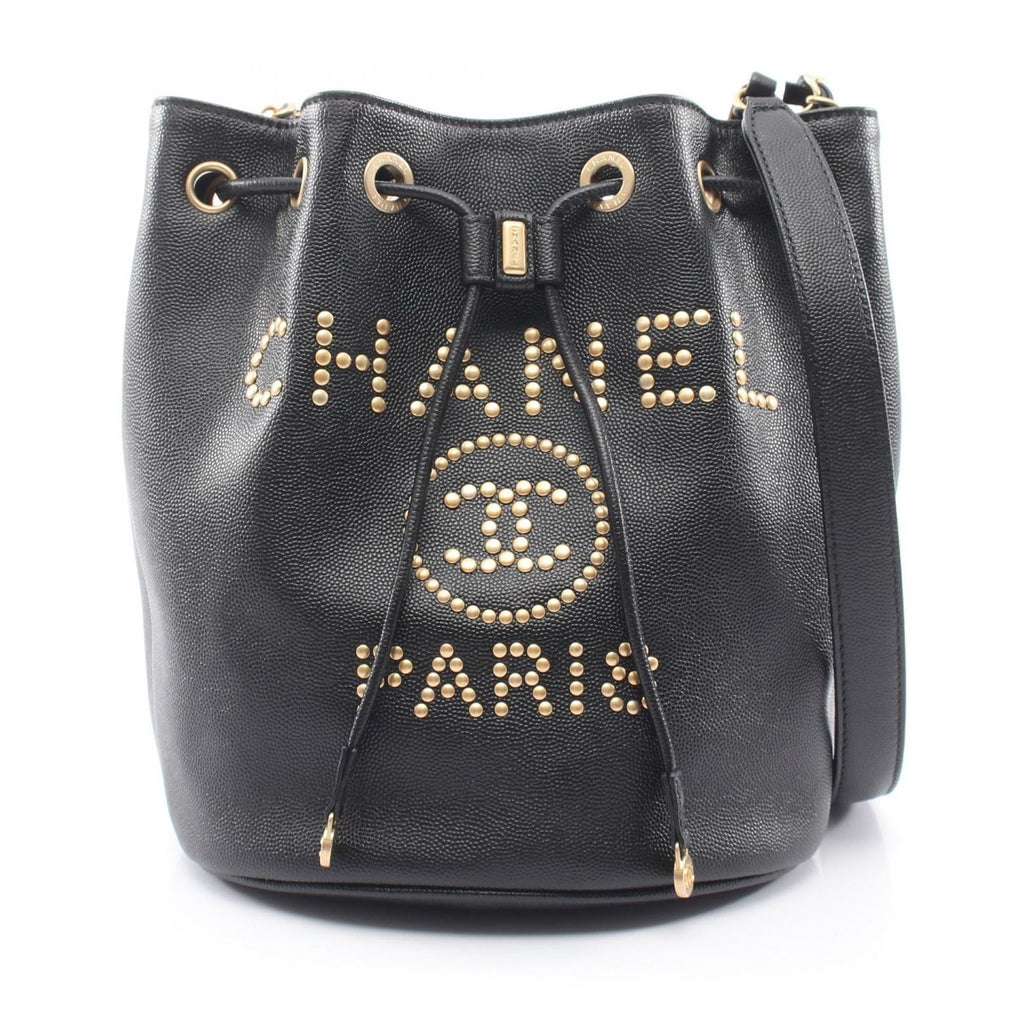 Chanel Shoulder Bag Deauville Drawstring Black Caviar Leather Logo Studs
