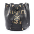 Chanel Shoulder Bag Deauville Drawstring Black Caviar Leather Logo Studs