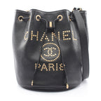 Chanel Shoulder Bag Deauville Drawstring Black Caviar Leather Logo Studs