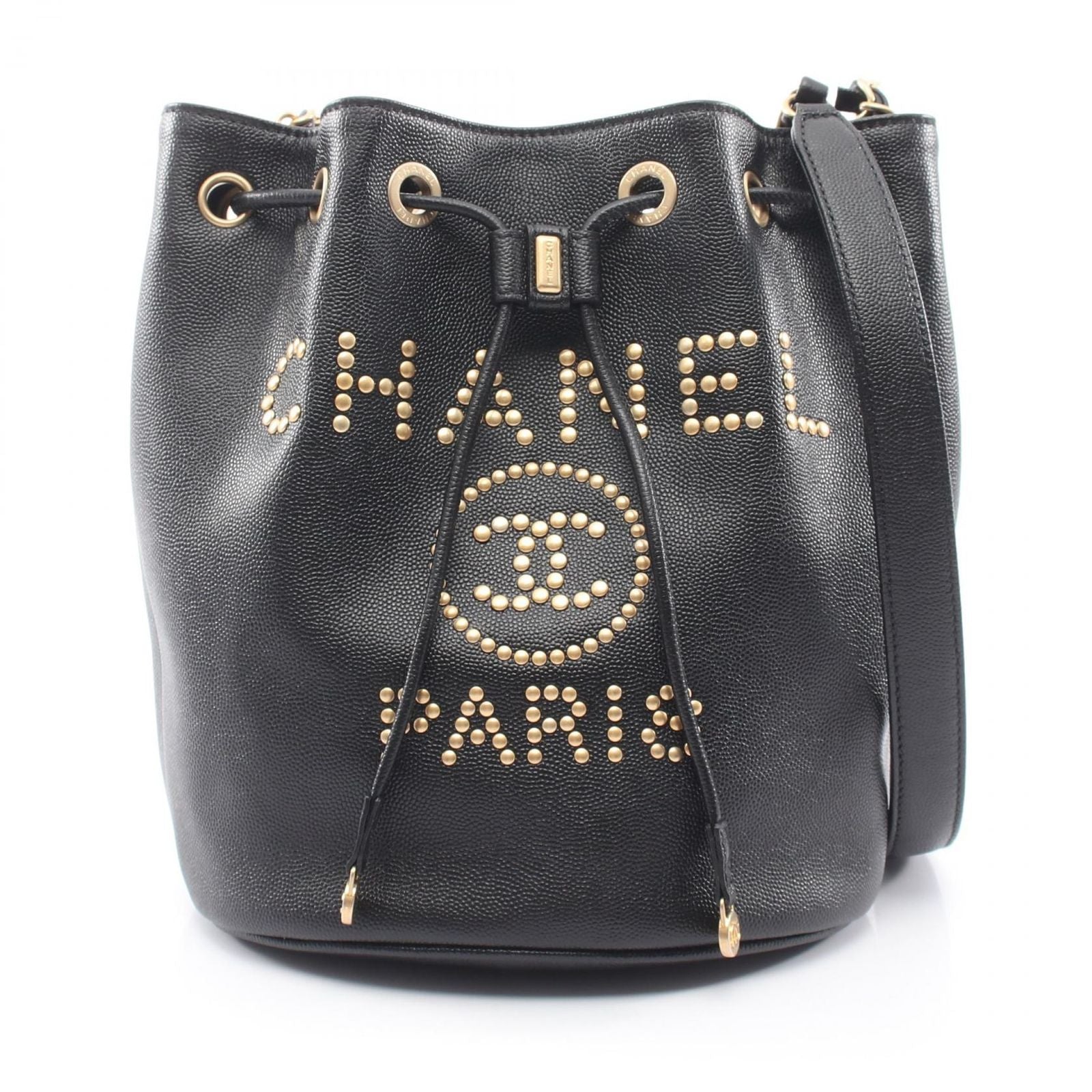 Chanel Shoulder Bag Deauville Drawstring Black Caviar Leather Logo Studs