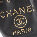 Chanel Shoulder Bag Deauville Drawstring Black Caviar Leather Logo Studs — view 7