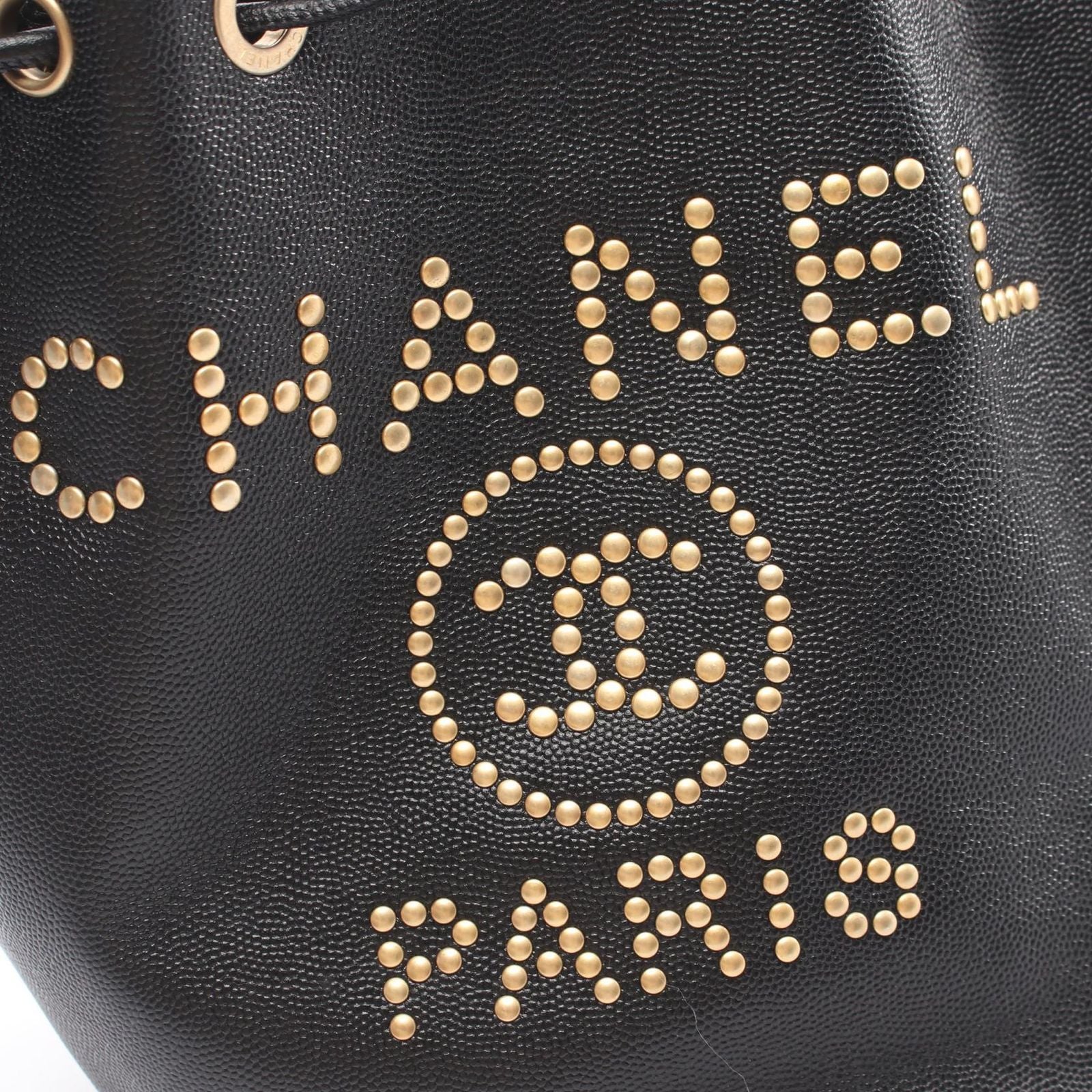 Chanel Shoulder Bag Deauville Drawstring Black Caviar Leather Logo Studs — view 7