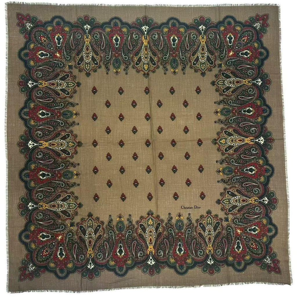 Dior Wool Extra Large Shawl Scarf Paisley Pattern Brown