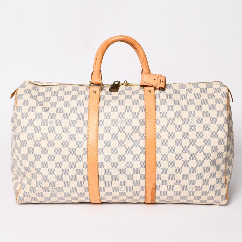 Louis Vuitton Keepall 50 Boston Bag Damier Azur Canvas Vachetta Leather White