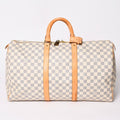 Louis Vuitton Keepall 50 Boston Bag Damier Azur Canvas Vachetta Leather White