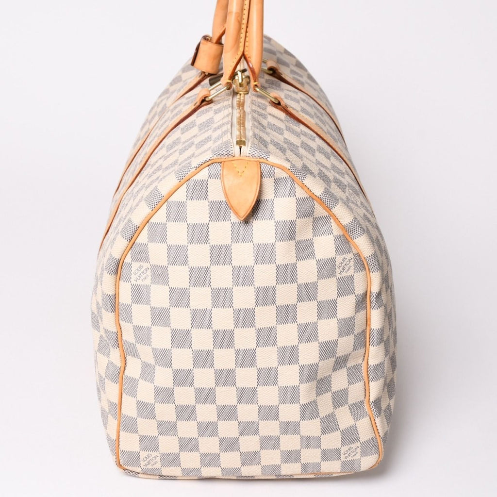 Louis Vuitton Keepall 50 Boston Bag Damier Azur Canvas Vachetta Leather White — view 4