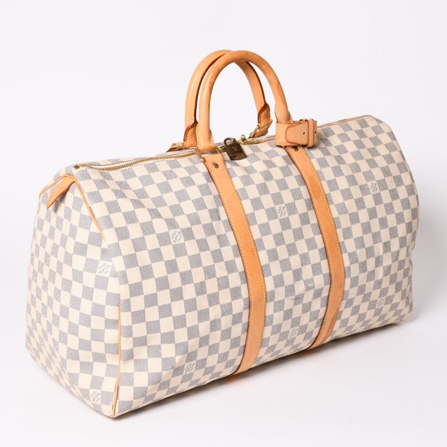 Louis Vuitton Keepall 50 Boston Bag Damier Azur Canvas Vachetta Leather White — view 3