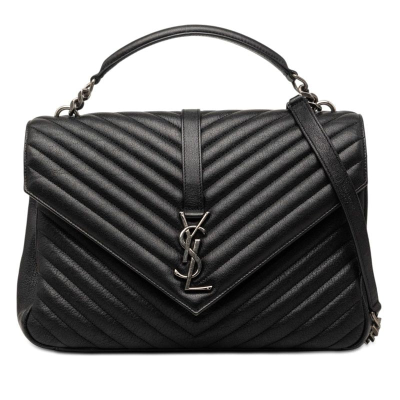 Saint Laurent YSL Logo Stitch Top Handle Shoulder Bag 2-Way Black Leather