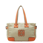 Loewe Anagram Tote Shoulder Bag Beige Orange Canvas Leather