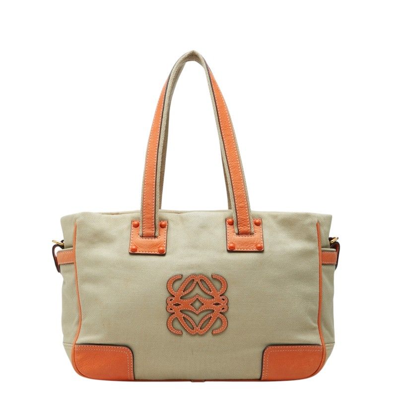 Loewe Anagram Tote Shoulder Bag Beige Orange Canvas Leather