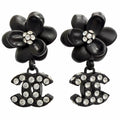 Chanel Vintage Camellia CC Logo Rhinestone Earrings for Both Ears Black
