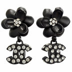 Chanel Vintage Camellia CC Logo Rhinestone Earrings for Both Ears Black