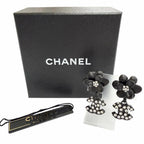 Chanel Vintage Camellia CC Logo Rhinestone Earrings for Both Ears Black — view 2