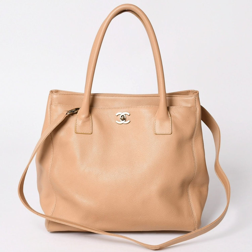 Chanel Executive Tote Bag CC Logo Turnlock Calfskin Beige